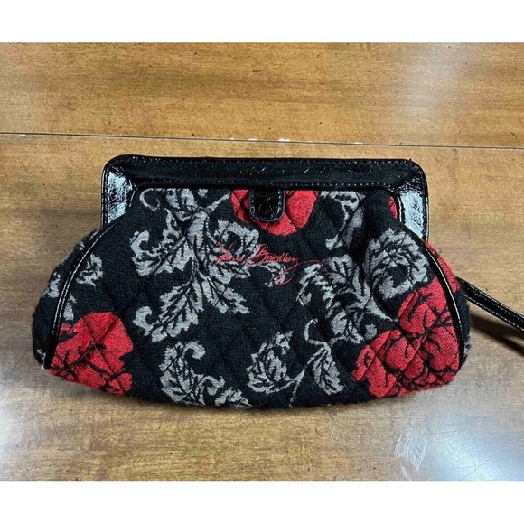 VERA BRADLEY Wristlet Clutch Jacquard Black Red Flowers Limited Edition - Picture 1 of 6